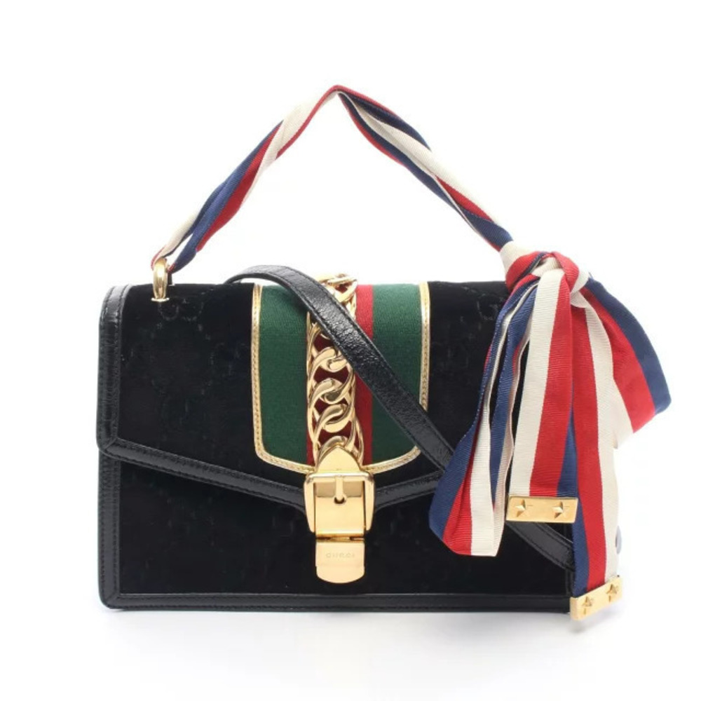 Gucci Sylvie Sherry GG Shoulder Bag Patent Vernis Leather Black Multicolor